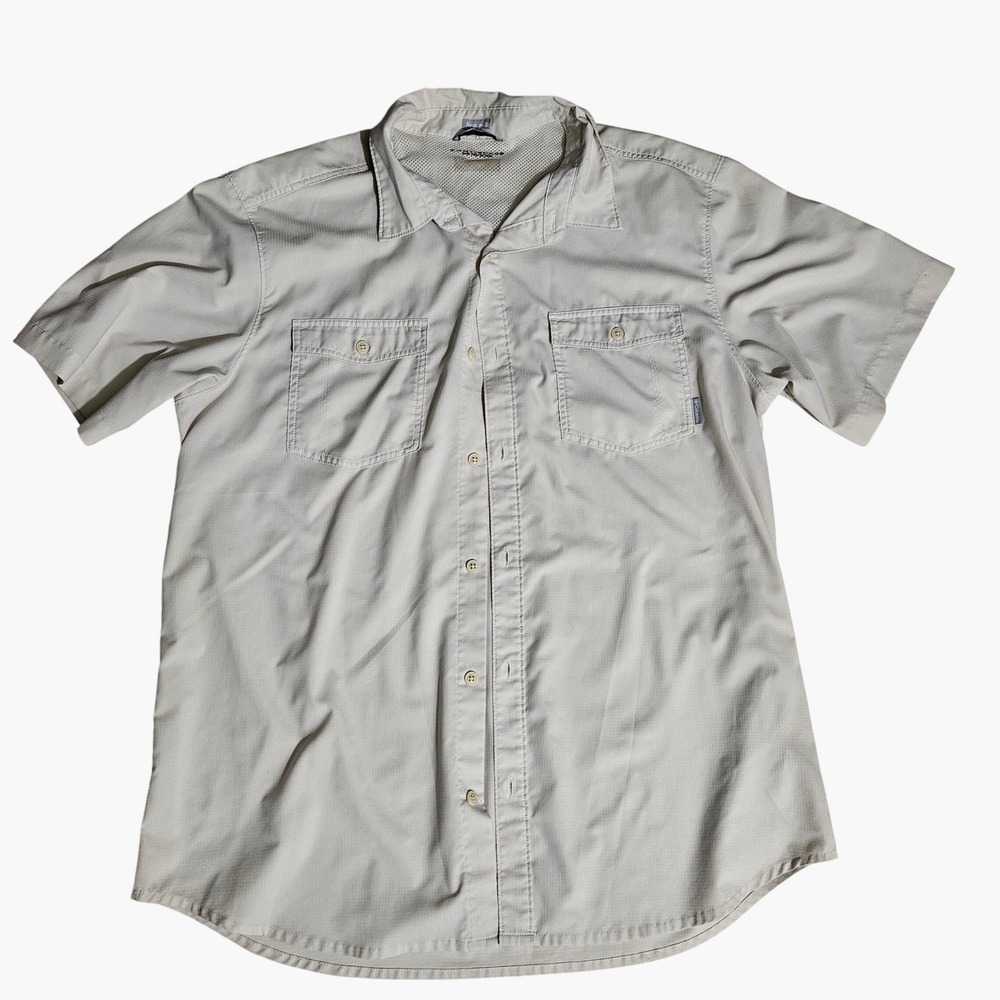 Columbia Omni-Shade Men XL Short Sleeve Button Up Shirt Tan Khaki Hiking Fishing